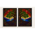 Set 2 Cuadros Arbol De La Vida Estilo Vitral Mural Díptico Marco Negro