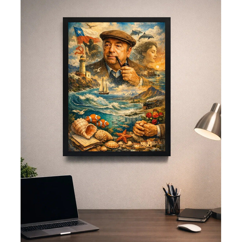 Cuadro Pablo Neruda Arte Retro Obras Escritor Poeta Chileno Marco Negro