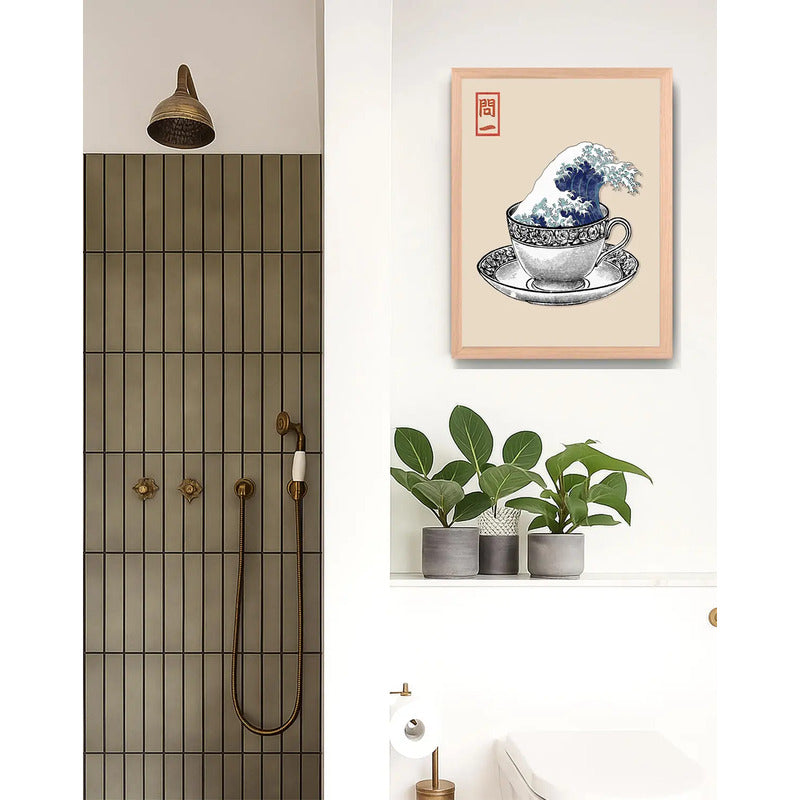 Cuadro Living Cocina Té La Gran Ola Kanagawa Tonos Beige Oak Marco Marrón Claro