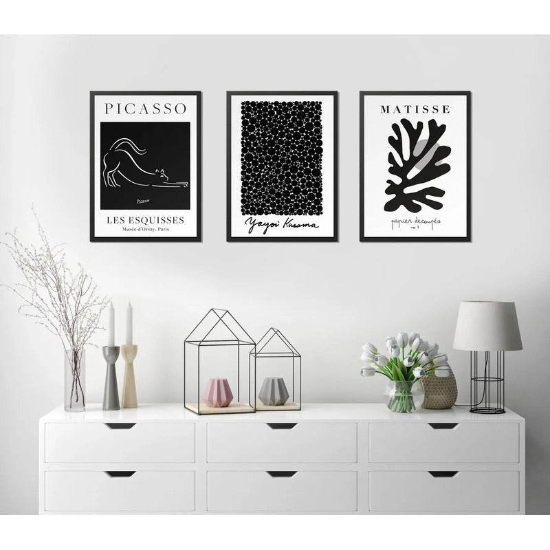 Set 3 Cuadros Picasso Matisse Kusama Black Minimalista Arte Marco Negro