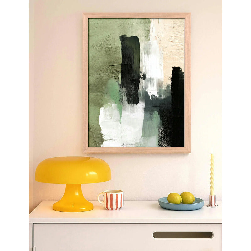 Cuadro Dormitorio Living Boho Abstracto Niebla Verde Oak Marco Marrón Claro