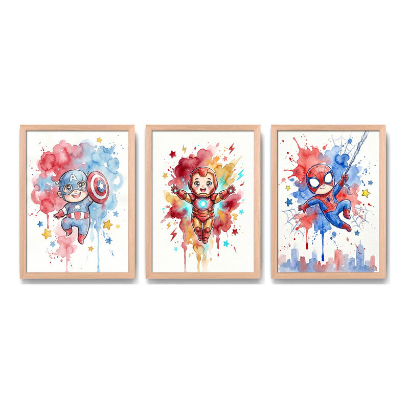 Set 3 Cuadros Superheroes Decoracion Dormitorio Infantil Br7 Marco Marrón Claro