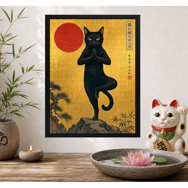 Cuadro Gato Negro Haciendo Yoga Arte Japones Meditacion Zen Marco Negro