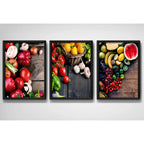 Set 3 Cuadros Frutas Verduras Cocina Gourmet Decoracion Marco Negro