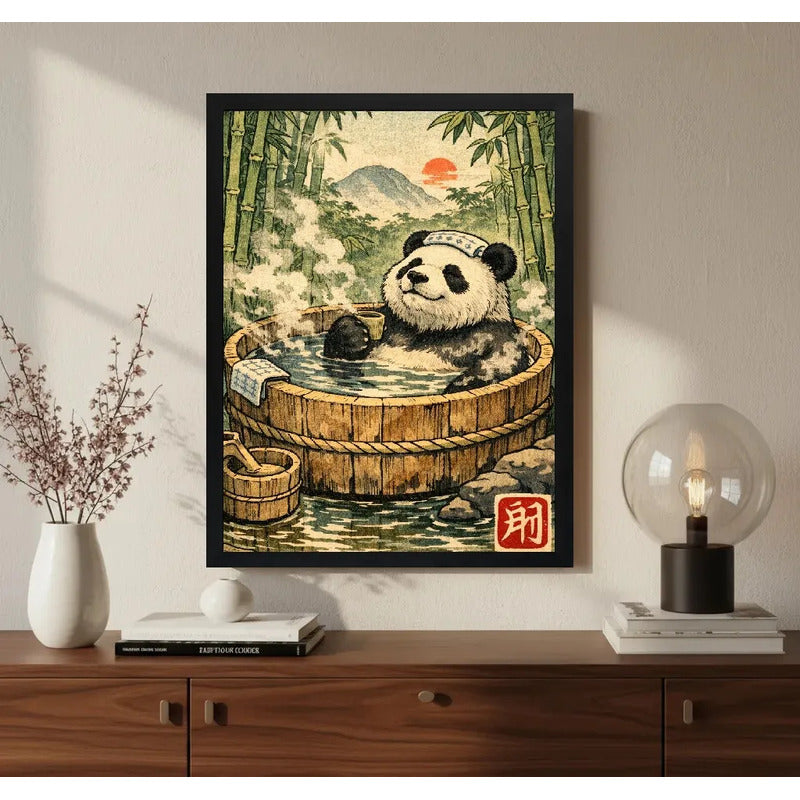 Cuadro Oso Panda Zen Banera Japón Bambus Art Bano Decoracion Marco Negro