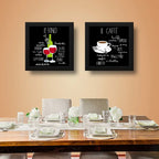 Set 2 Cuadros Café Y Vino Cocina Gourmet Decoracion 33x33cm Marco Negro