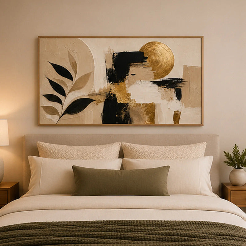 Cuadro Dormitorio Living Boho Abstracto Hojas Neutros Grande Marco Marrón Claro