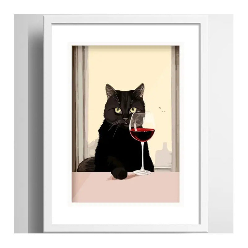 Cuadro Gato Tomando Vino Cocina Arte Decoracion Con Paspartú Marco Blanco