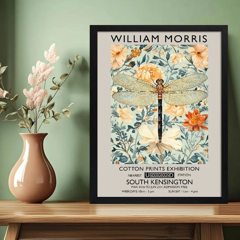 Cuadro Libélula Flores Elegante William Morris Botanico Brs1 Marco Negro