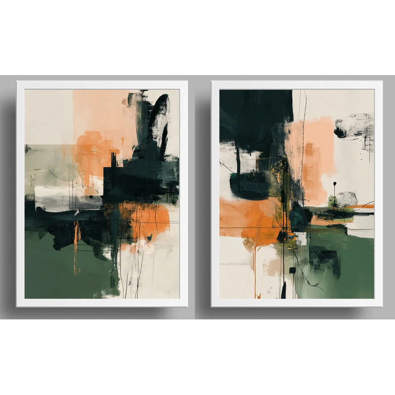 Set 2 Cuadros Dormitorio Living Abstracto Verde Durazno Brs2 Marco Blanco