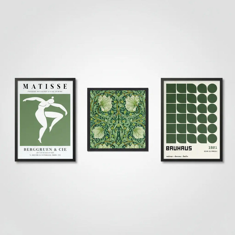 Set 3 Cuadros Para Living Cocina Estudio Tonos Verde Green Matisse William Morris Bauhaus Con Marco Negro