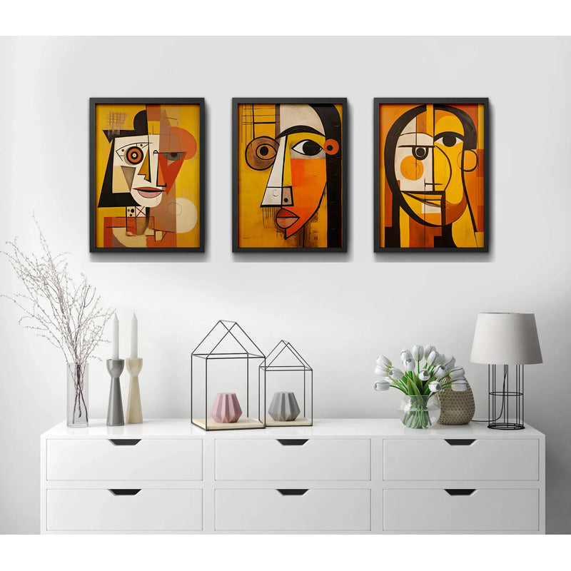 Set 3 Cuadros Picasso La Expresión Del Ser Cubismo Abstracto Marco Negro