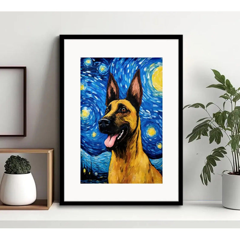 Cuadro Perro Van Gogh Noche Estrellada Razas Con Paspartú Pastor Belga Malinois Con Marco Negro