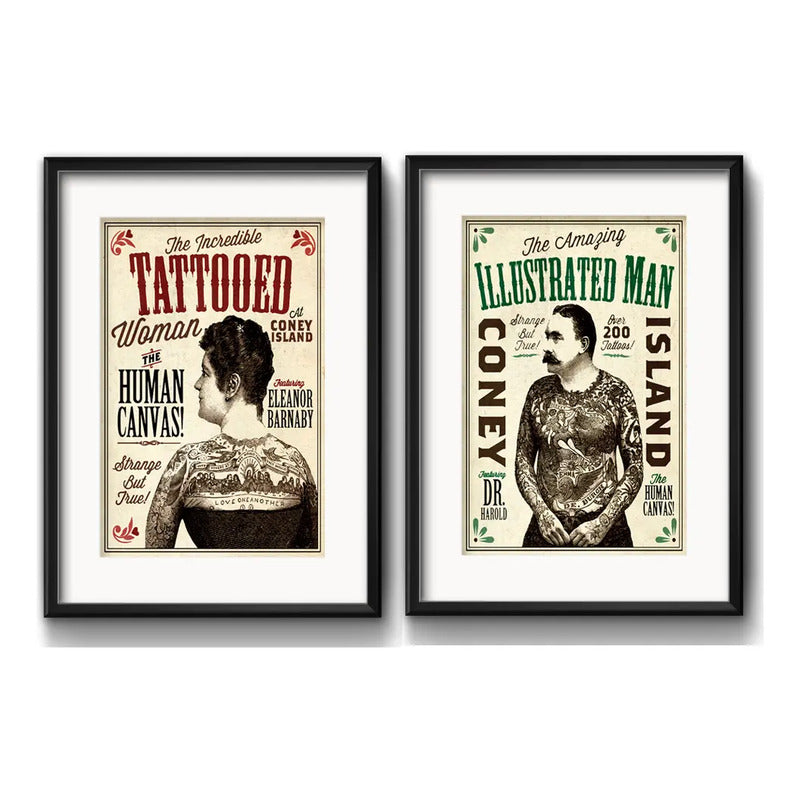 Set 2 Cuadros Tattoo Lovers Tatuaje Old School Arte Paspartú Marco Negro