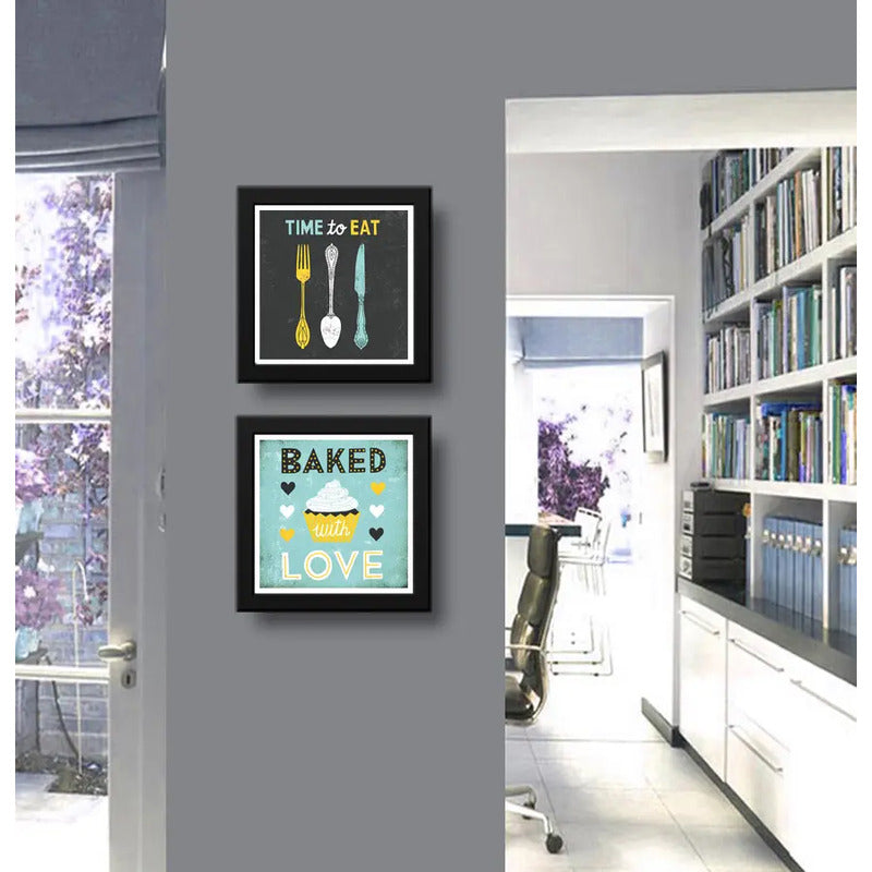 Set 2 Cuadros Cocina Baked Love Art Food Decoracion- 33x33cm Marco Negro