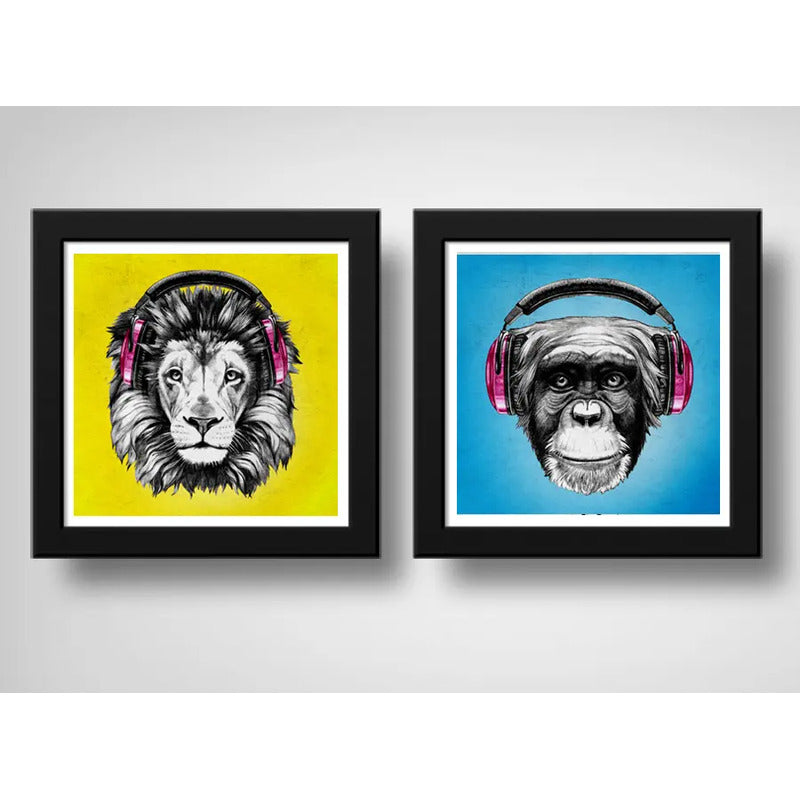 Set 2 Cuadros León Mono Pop Art Auriculares Animales Decora
