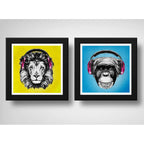Set 2 Cuadros León Mono Pop Art Auriculares Animales Decora