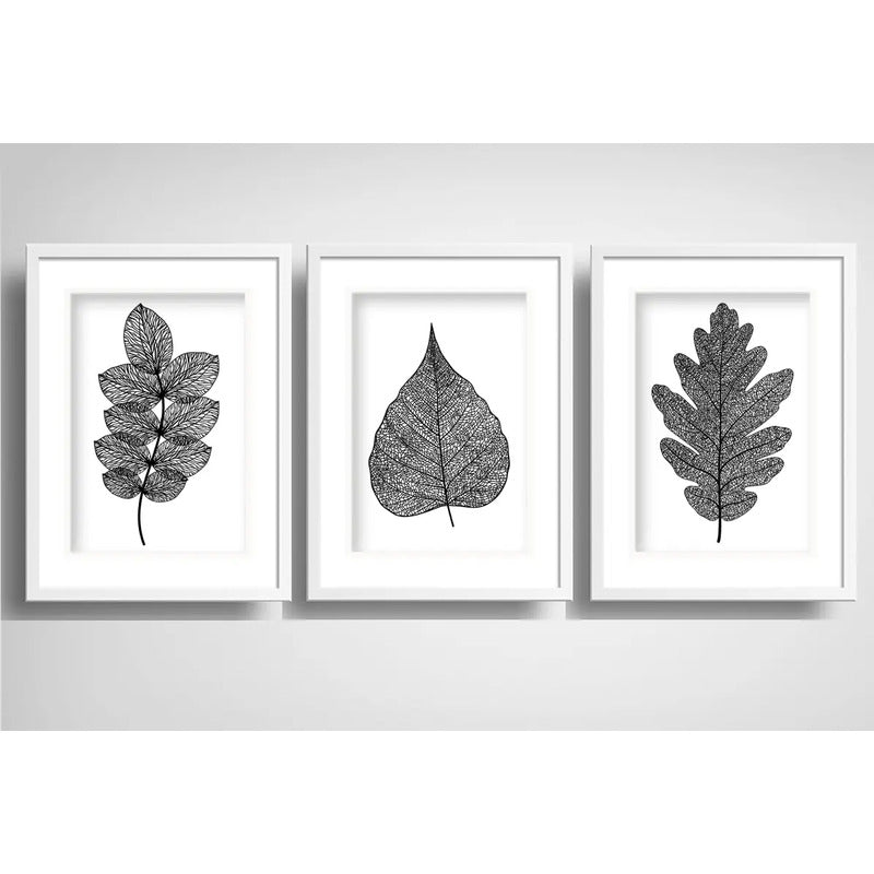 Set 3 Cuadros Hojas Minimalista Blanco Y Negro Arte Paspartú