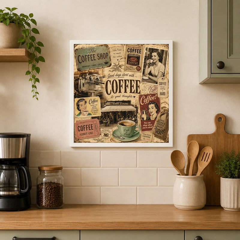 Cuadro Living Comedor Cocina Café Vintage Coffee Br1 33x33cm Marco Blanco