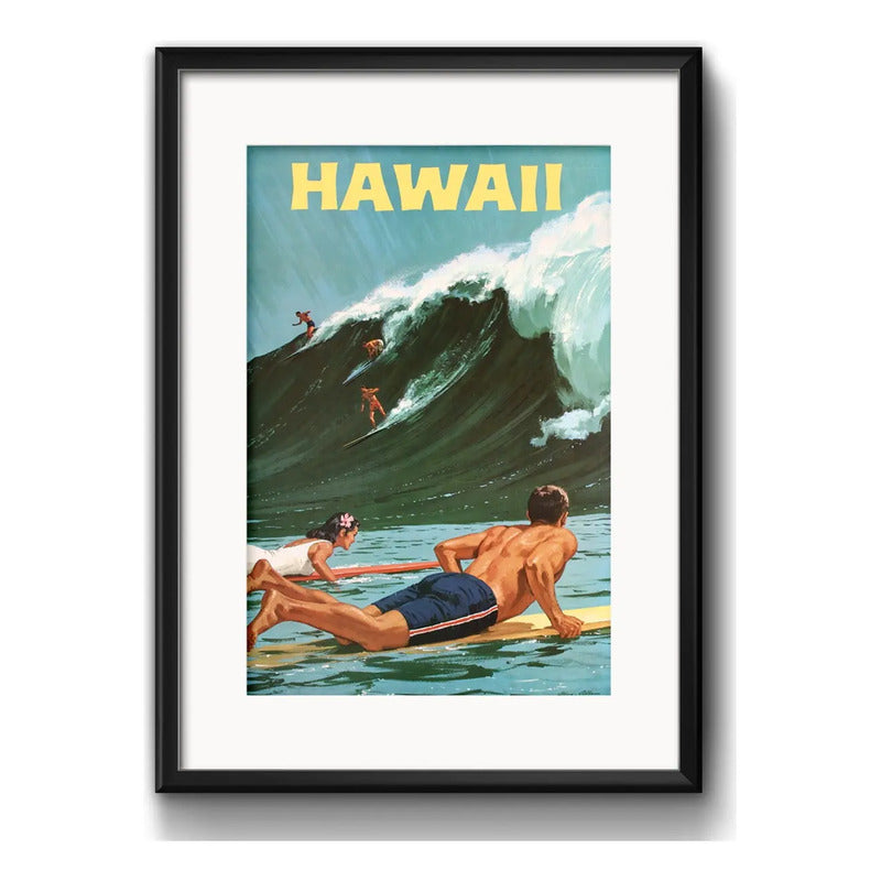 Cuadro Surf Hawaii Tabla Mar Playa Decoracion Con Paspartú Marco Negro