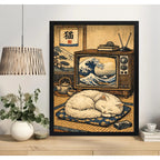 Cuadro Gato Blanco Ola Kanagawa Arte Japones Feng Shui Marco Negro