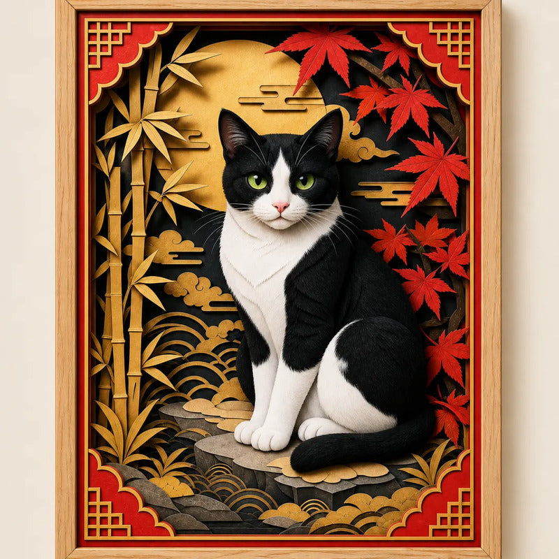 Cuadro Gato Bicolor Blanco Negro Efecto 3d Arte Japones Arce Marco Marrón Claro