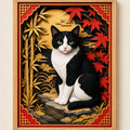 Cuadro Gato Bicolor Blanco Negro Efecto 3d Arte Japones Arce Marco Marrón Claro