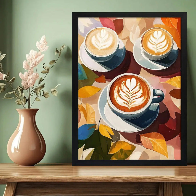 Cuadro Cafés Latte Hojas De Otoño Arte Cocina Decoracion Marco Negro