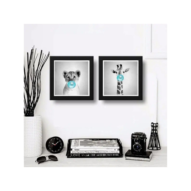 Set 2 Cuadros Leon Chicle Jirafa Baby Animals Art Decoracion