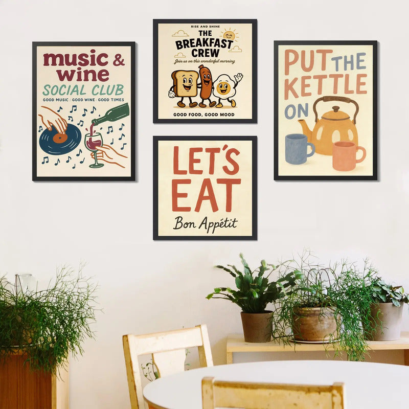 Wall 4 Cuadros Para Cocina Comedor Living Decoracion Moderna Frases Retro Vino Mate Te Desayuno Bon Appetit Con Marco Negro