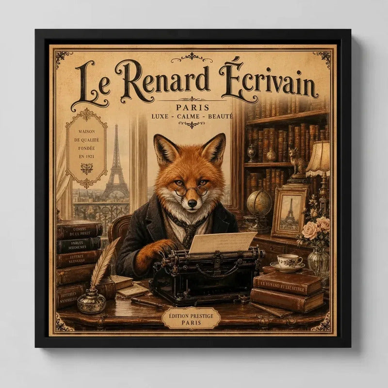 Cuadro Zorro Frances Paris Máquina De Escribir Retro Vintage Marco Negro