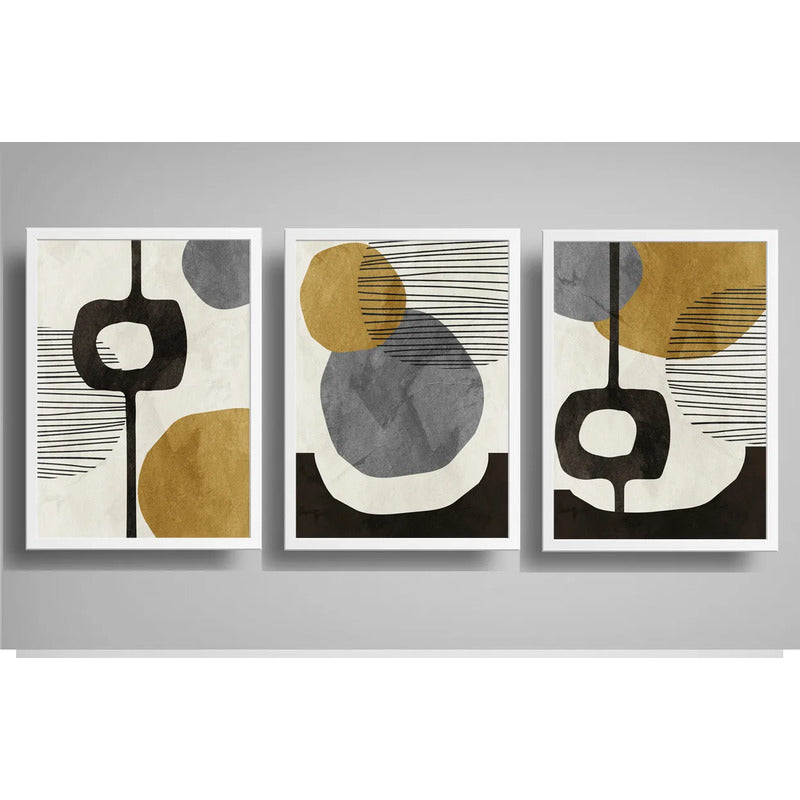 Set 3 Cuadros Dormitorio Living Boho Abstract Tonos Terrosos Marco Blanco