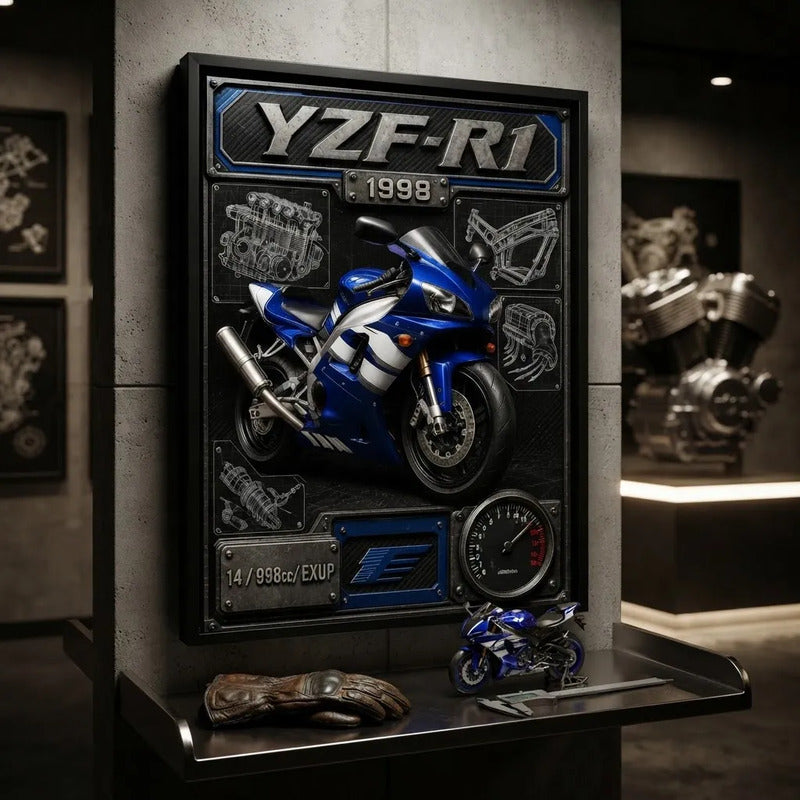 Cuadro Yamaha Yzf R1 Moto Icónico Detalles Specs Efecto 3d Marco Negro
