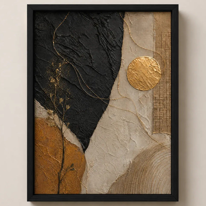 Cuadro Dormitorio Living Boho Abstracto Texturas Oro Brs1 Marco Negro