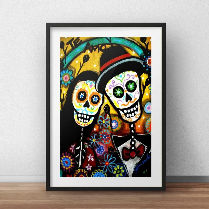 Cuadro Pareja Calaveras Mexicanas Tattoo Decoracion Paspartú