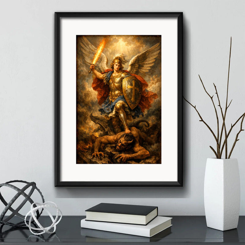 Cuadro San Miguel Arcángel Defensor Dios Jesus Con Paspartú Marco Negro