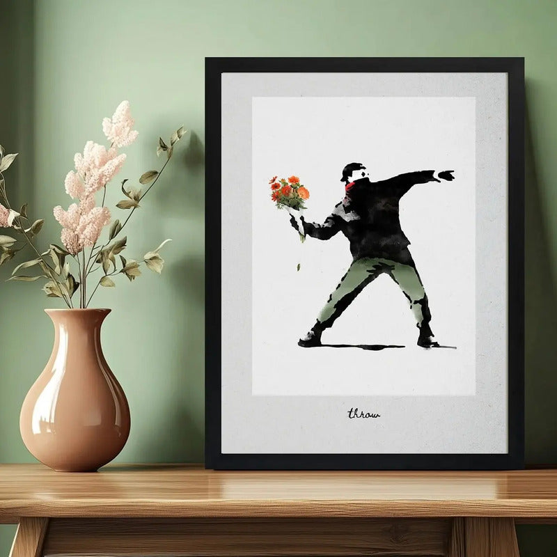 Cuadro Banksy Love Is In The Air Lanzador Flores Arte Urbano Marco Negro