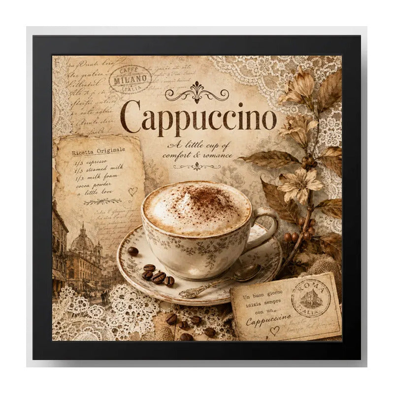 Cuadro Living Comedor Cocina Café Cappuccino Coffee Retro B2 Marco Negro