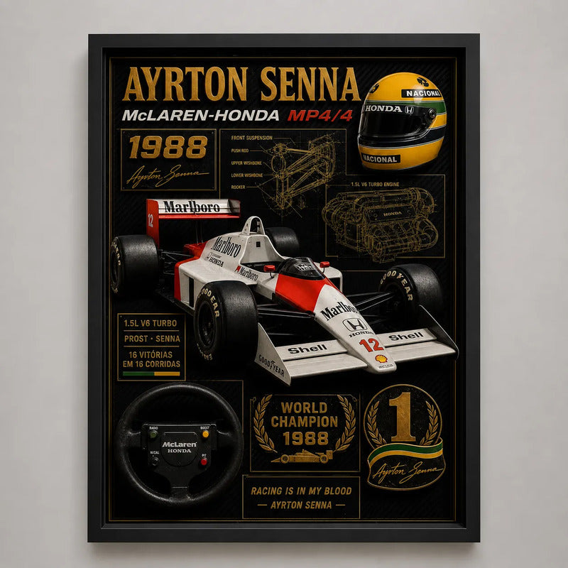 Cuadro Senna Formula 1 Mclaren Honda Mp4/4 Specs Efecto 3d Marco Negro