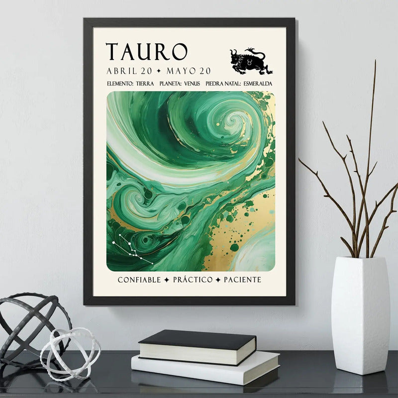 Cuadro Tauro Signo Astrologia Horoscopo Piedra Esmeralda Marco Negro