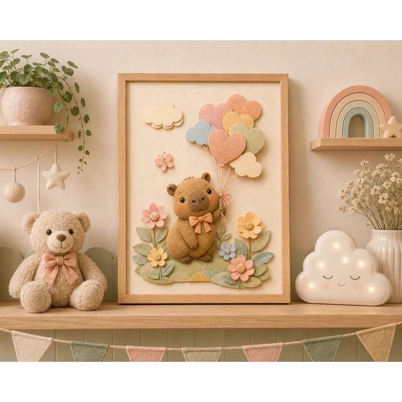 Cuadro Dormitorio Infantil Bebe Carpincho Globos Efecto 3d Marco Madera Oak Madera Clara