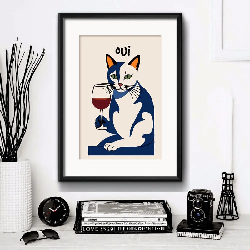 Cuadro Gato Blanco Tomando Vino Bar Decoracion Con Paspartú
