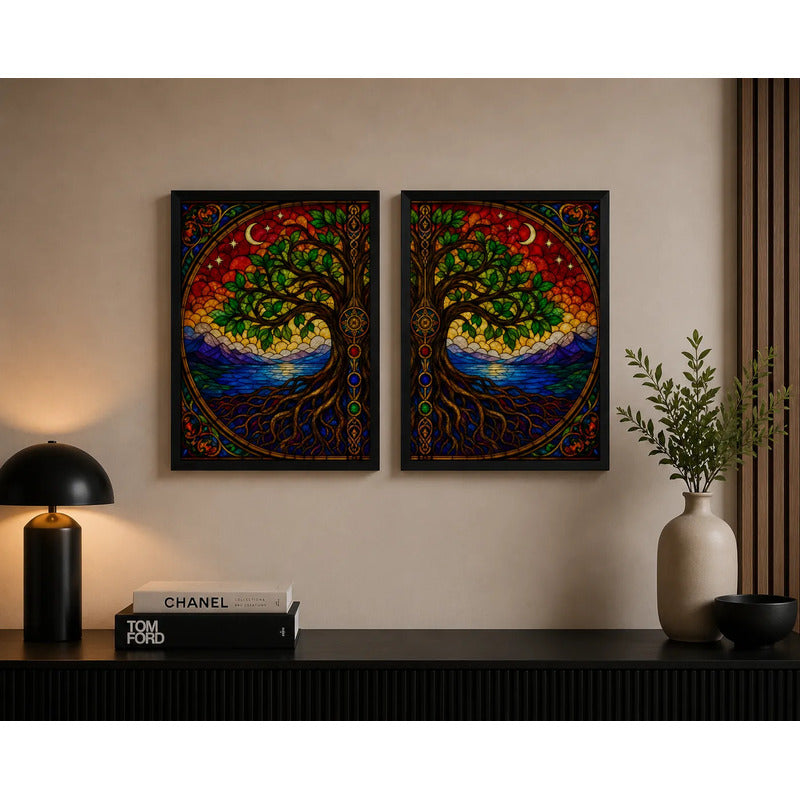 Set 2 Cuadros Arbol De La Vida Estilo Vitral Mural Díptico Marco Negro