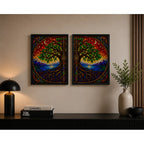 Set 2 Cuadros Arbol De La Vida Estilo Vitral Mural Díptico Marco Negro