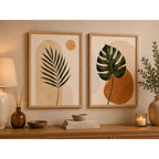 Set 2 Cuadros Living Abstracto Boho Hojas Tonos Beige Neutro Marco Marrón Claro