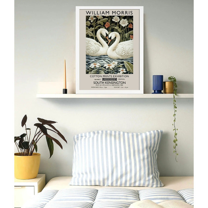 Cuadro Cisnes Amor William Morris Arte Flores Botanico Marco Blanco