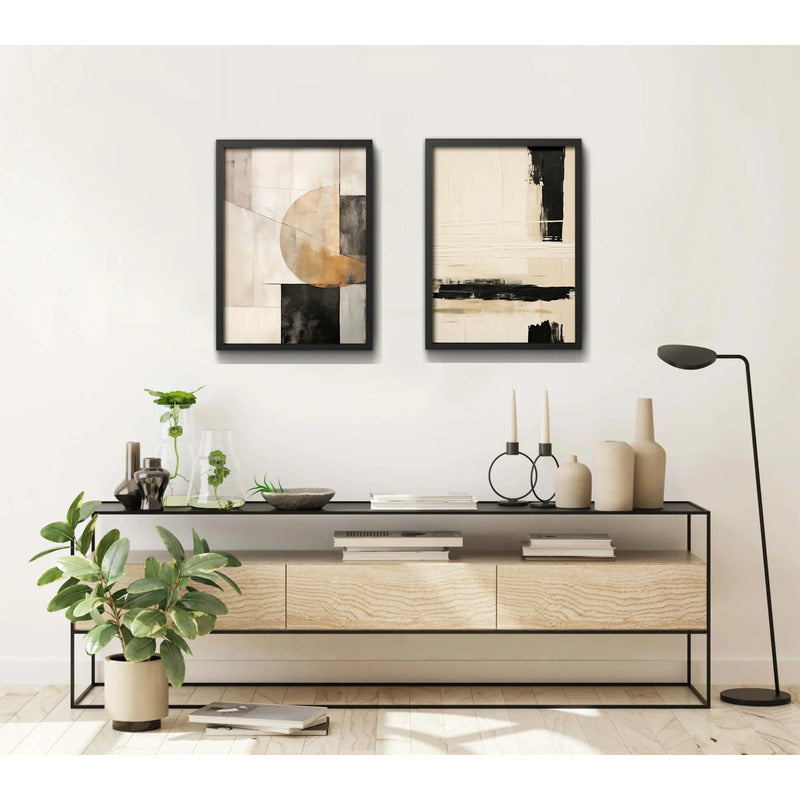 Set 2 Cuadros Boho Abstracto Arte Texturas Lineales 53x43cm Marco Negro