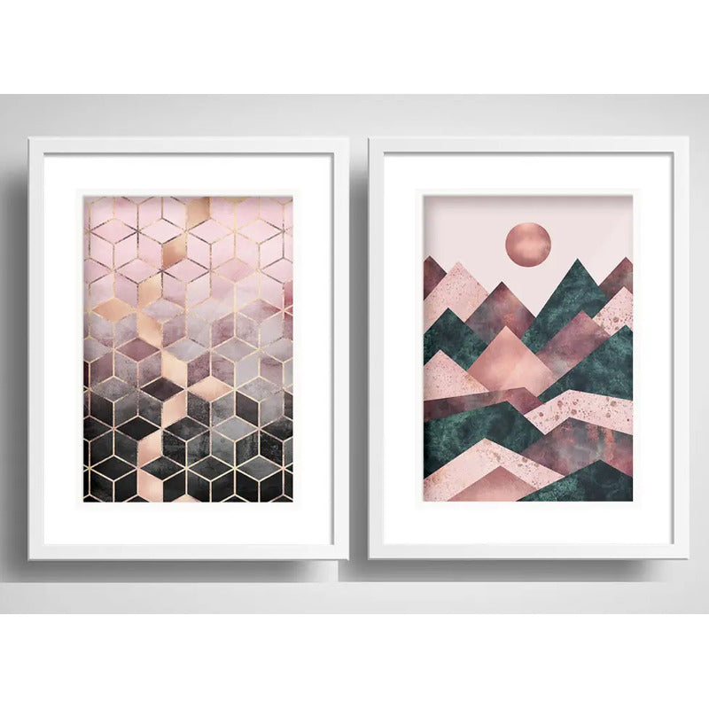 Set 2 Cuadro Abstracto Rose Gold Escandinavo Arte Paspartú