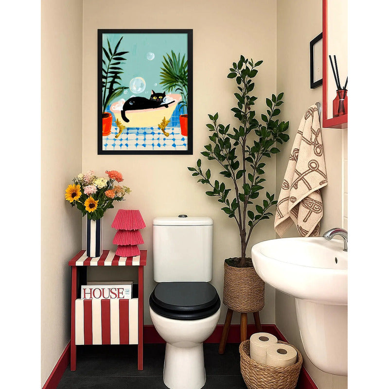 Cuadro Bano Gato Negro Banera Spa Botanico Plantas Arte Marco Negro