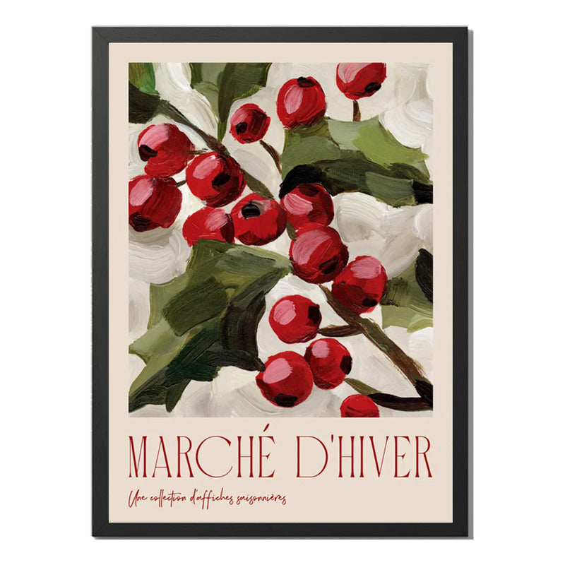 Cuadro Dormitorio Living Marché D'hiver Flores Bayas Arte Marco Negro